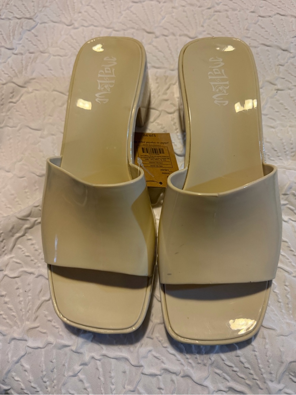 Mad Love Cream Patent Square Open-Toe Slide Heels